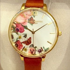 Olivia Burton floral watch, leather strap pristine